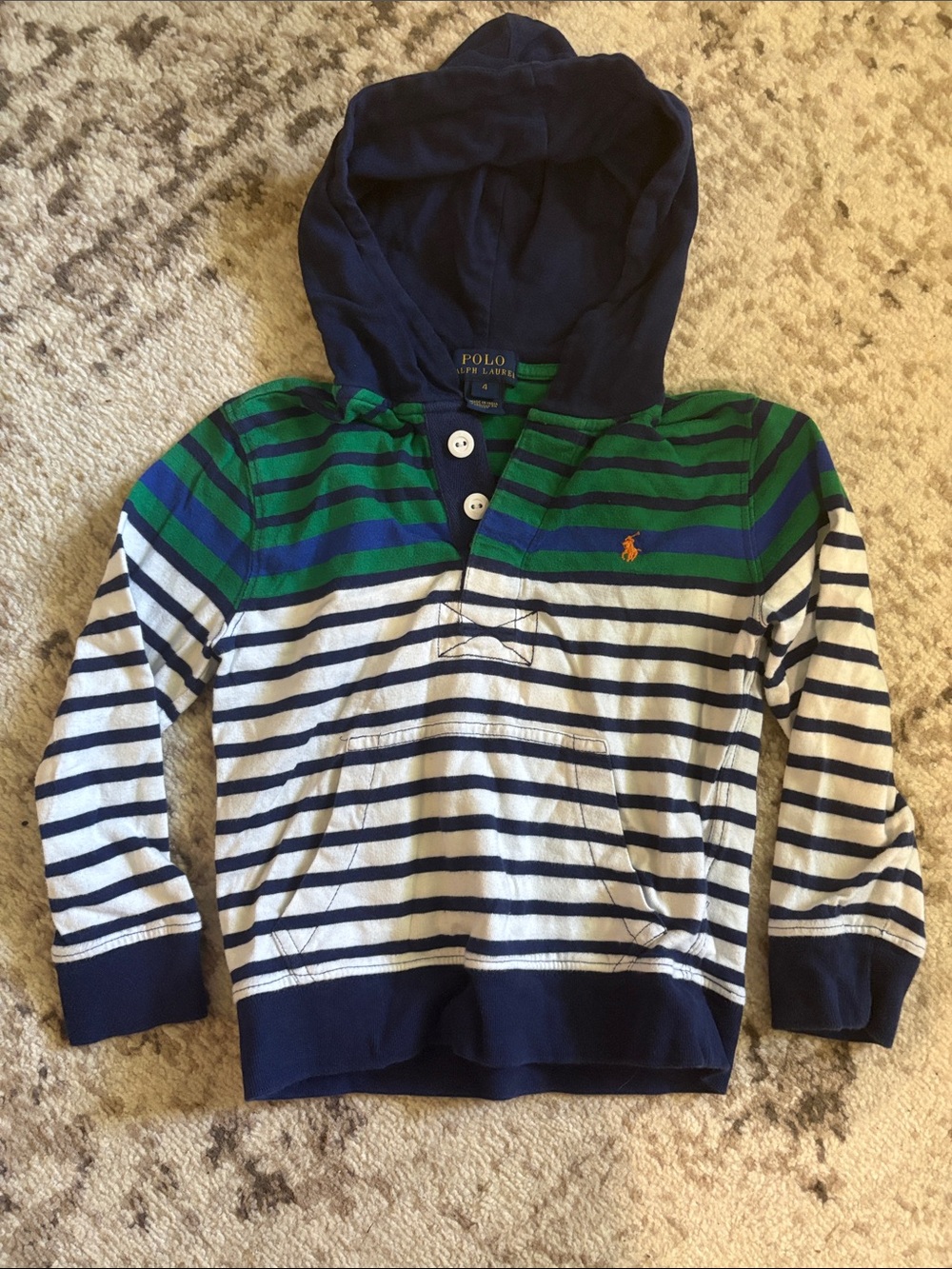 Polo by Ralph Lauren Navy, Green & White Striped Hooded Sweatshirt